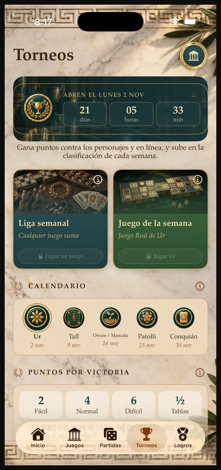 Pantalla de Torneos: cuenta atrás, Liga semanal, Juego de la semana y calendario